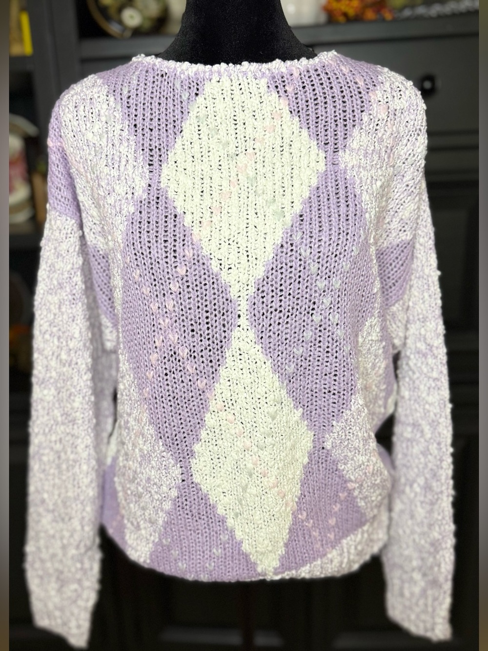 Vintage 80’s Messages lilac white argyle sweater cottagecore preppy cute med EC